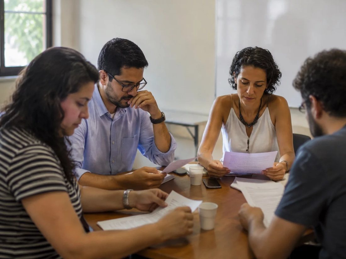 Equipe reunida numa sala clara enquanto uma pessoa explica sua proposta